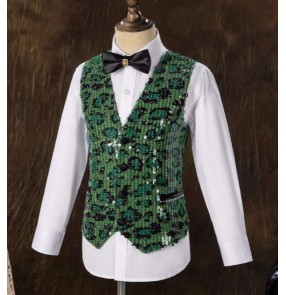 Boys kids green leopard sequin jazz dance vests host singers choir model drum pianist party performance waistcoats